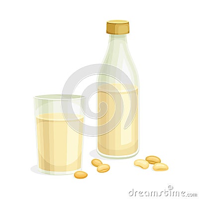 Soy Milk from Edible Seed of Legume Plant Poured in Glass Bottle Vector Illustration Vector Illustration