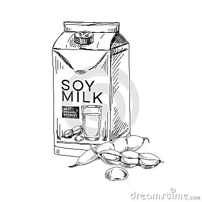 Soy milk package, retro hand drawn vector illustration. Vector Illustration