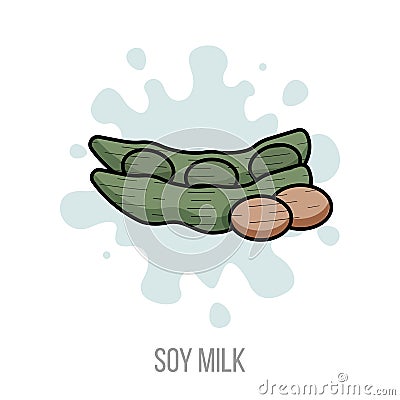 Soy milk. Vector flat illustration. Healthy vegetarian drink. Soybean on a milk splashing Vector Illustration