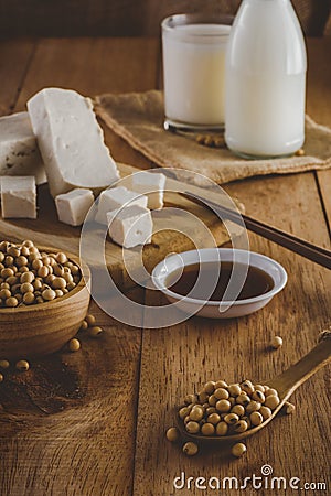 Soy products such as, milk, tofu and sauce vintage Stock Photo