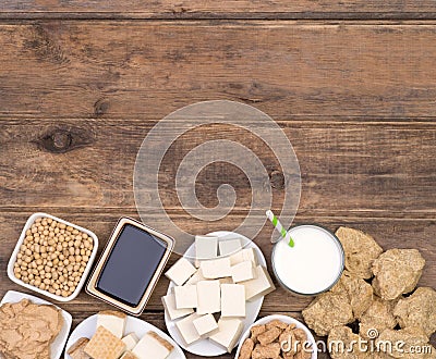 Soy products on wooden background top view Stock Photo