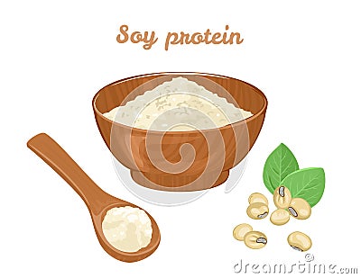 Soy protein in wooden bowl, spoon with powder and soybeans isolated Vector Illustration