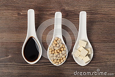 Soy sauce soya beans and tofu Stock Photo