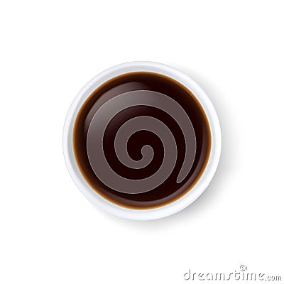 Soy sauce in white ceramic bowl, dunk sushi, delicious food. Vector Illustration