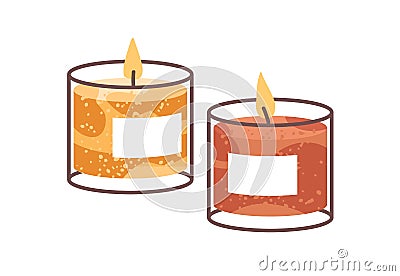 Soy wax candles in glass jars. Modern aromatic interior decoration. Cosy decorative burning candlelights. Romantic home Vector Illustration