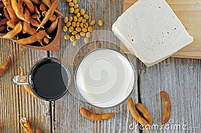 Soybean milk, sauce and tofu on a wooden table Stock Photo