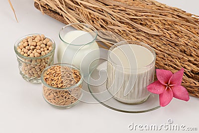 Soybean milk, soy, Black Sesame Seeds and Germinated brown rice (GABA). Stock Photo