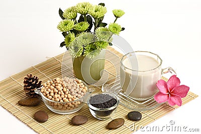 Soybean milk, soy, Black Sesame Seeds and Germinated brown rice (GABA). Stock Photo