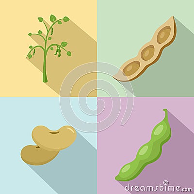 Soybean soy beans seed icons set flat style Vector Illustration