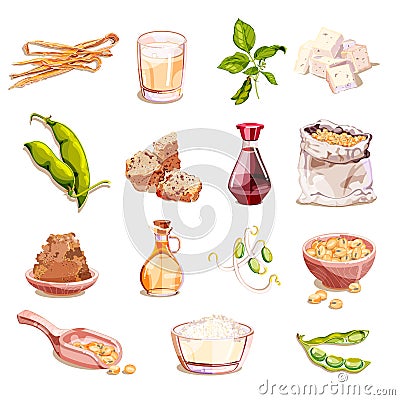 Soybean, soy food vector cartoon illustration. Vegetarian products icons, design elements. Soy milk, tofu, sprouts, meat Vector Illustration