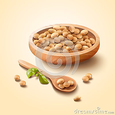 Soybean in wooden bowl Vector Illustration