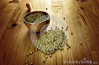 Soybeans in a wooden spoon Stock Photo