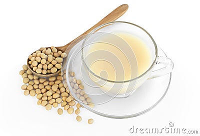 Soymilk in glass with soy beans in wooden spoon isolated on white backgroun, health care concept Stock Photo