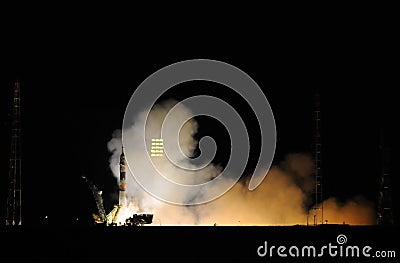 Soyuz Spacecraft Launch at Night Editorial Stock Photo