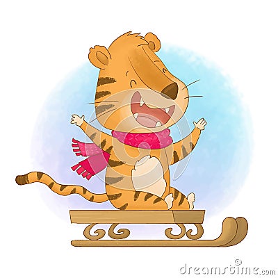 Cheerful tiger on sleigh. Enjoying the winter time. Vector Illustration