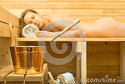 Spa accessories in sauna. Stock Photo