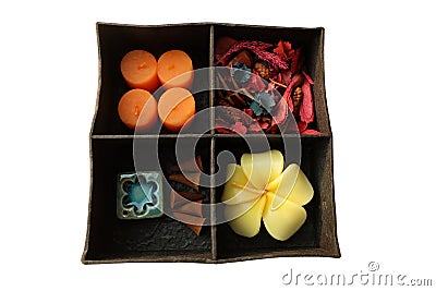 Spa Aroma therapy set in box, Candle Aroma, Roses Shaped Candles, incense sticks and dry flower Stock Photo
