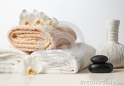 Spa background composition. Massage, oriental therapy, wellbeing and meditation concept. Stock Photo