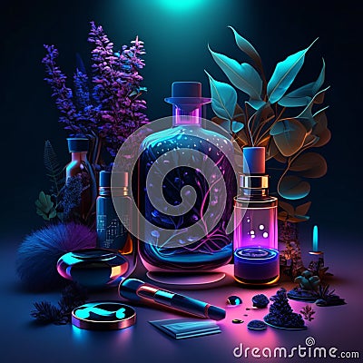 Spa background with essential oils, cosmetics and plants. Vector illustration generative AI Cartoon Illustration