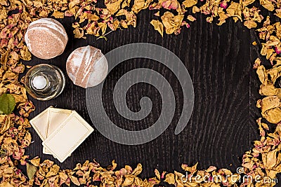 Spa bath cosmetic. Aromatherapy with natural soap and bomb. Hygiene relaxation for body. Stock Photo