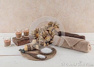 Spa and Bath Essentials Rustic Candlelit Stock Photo