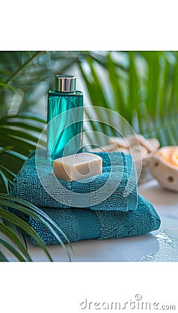 Spa bathroom ambiance with toiletries, soap, and towel on blurred white background Stock Photo