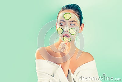 Spa and beauty care. Girl making clay facial mask. Anti age care. Skin care for all ages. Women having fun skin mask Stock Photo