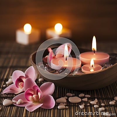 Spa, beauty and relaxation with candles, orchids Stock Photo