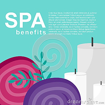 Spa benefits poster with towels and candles Vector Illustration