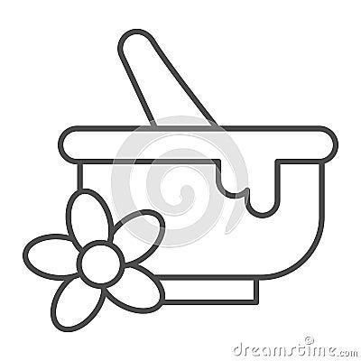 Spa bowl thin line icon, spa salon concept, Mortar and pestle sign on white background, Herbal bowl with grinder icon in Vector Illustration