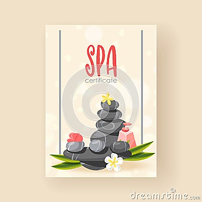 Spa certificate poster, banner vector illustration. Stones on light background. Pebbles with Plumeria flowers. Template Vector Illustration