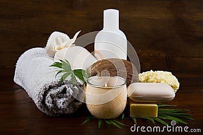 Spa coconut products on wood Stock Photo