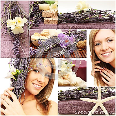 Spa collage - beautiful woman face, flowers Stock Photo