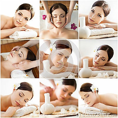 Spa collage: different types of massage. Stock Photo