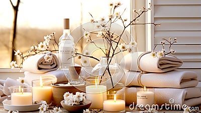 Spa composition with aromatic candles, towels and cotton flowers on table in room. Beauty spa treatment and relax concept Stock Photo