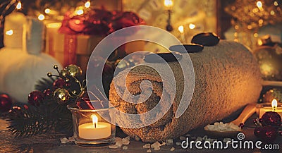 Spa composition with Christmas decoration. Holiday SPA treatment Stock Photo