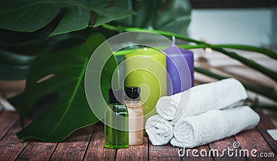 Spa concept, aloe gels and oils, candles Stock Photo