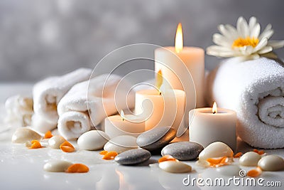 Spa concept, massage stones with towels, candles and daisy flowers. Stock Photo