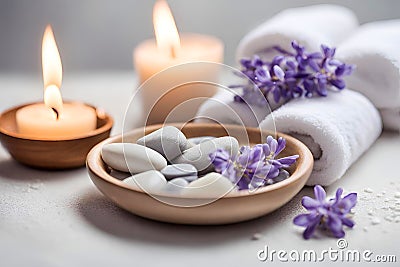 Spa concept, massage stones with towels, candles and lavender flowers. Stock Photo