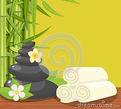 Spa concept poster with towels, stones and candle Vector Illustration