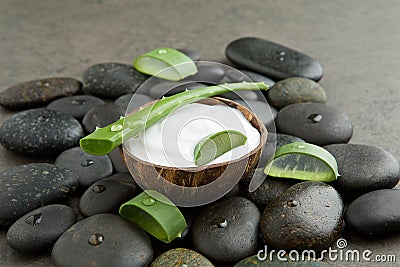 Spa concept. slice aloe vera on white cream in coconut shell wit Stock Photo