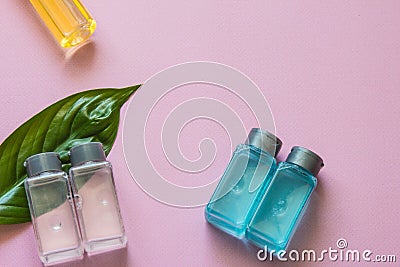 Spa cosmetics set. Copyspace for text. Top view. Flatlay on pink background. Stock Photo