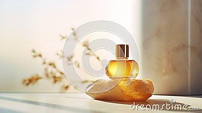 SPA essential oil on aesthetic background with stones and flowers. Natural cosmetics skin care concept. Generative AI Stock Photo