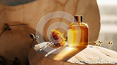 SPA essential oil on aesthetic background with stones and flowers. Natural cosmetics skin care concept. Generative AI Stock Photo