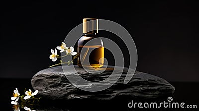 SPA essential oil on aesthetic dark background with stones and flowers. Skin care concept. Generative AI Stock Photo