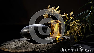 SPA essential oil on aesthetic dark background with stones and flowers. Skin care concept. Generative AI Stock Photo