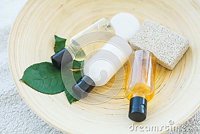 Spa essentials including natural oils, salt, soap. Organic cosmetics concept Stock Photo