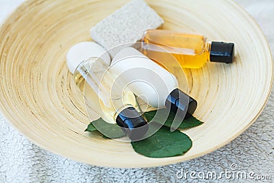 Spa essentials including natural oils, salt, soap. Organic cosmetics concept Stock Photo