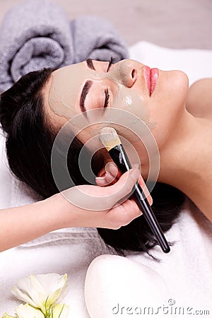 Spa facial mask application. Beautiful relaxed woman having clay face mask in the spa Stock Photo