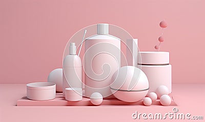 cosmetic treatment care hair product bottle background pastel layout pink beauty. Generative AI. Stock Photo